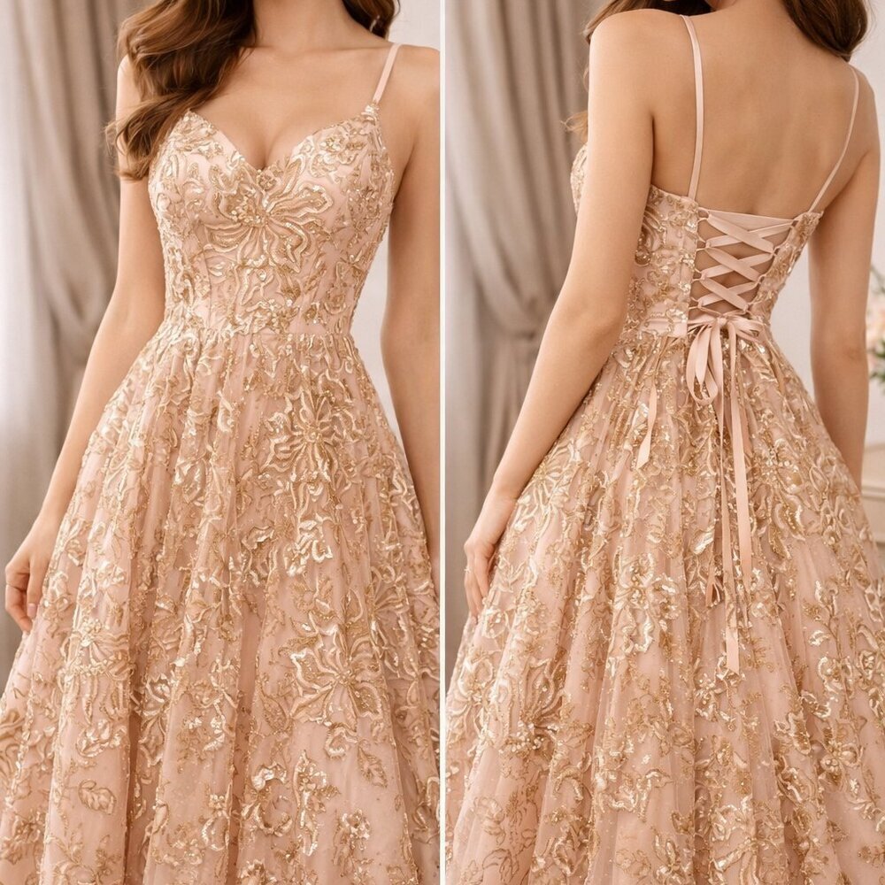 J'ADORE Evening Blush Pink Gold Embroidered Corset Prom Gown Size 6